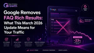 A professional SEO marketing infographic with a vibrant purple neon silhouette of the Dubai skyline, featuring a digital user interface grid on the right showcasing a search engine optimization update box labeled "ALGORITHM UPDATE."
