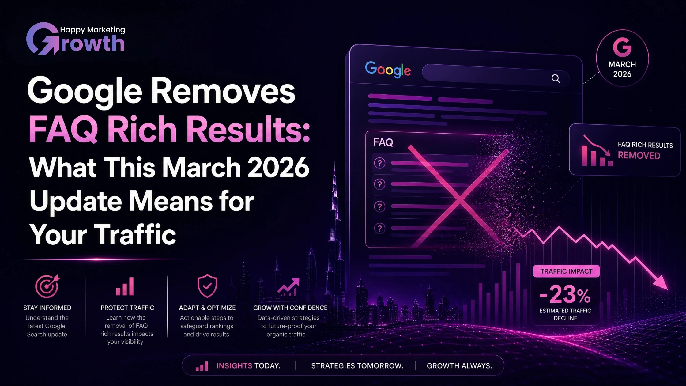 A professional SEO marketing infographic with a vibrant purple neon silhouette of the Dubai skyline, featuring a digital user interface grid on the right showcasing a search engine optimization update box labeled "ALGORITHM UPDATE."