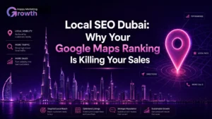 A professional marketing infographic featuring a vibrant purple neon silhouette of the Dubai skyline with the Burj Khalifa, dominated on the right by a massive glowing pink 3D location pin resting over a digital radar map grid.