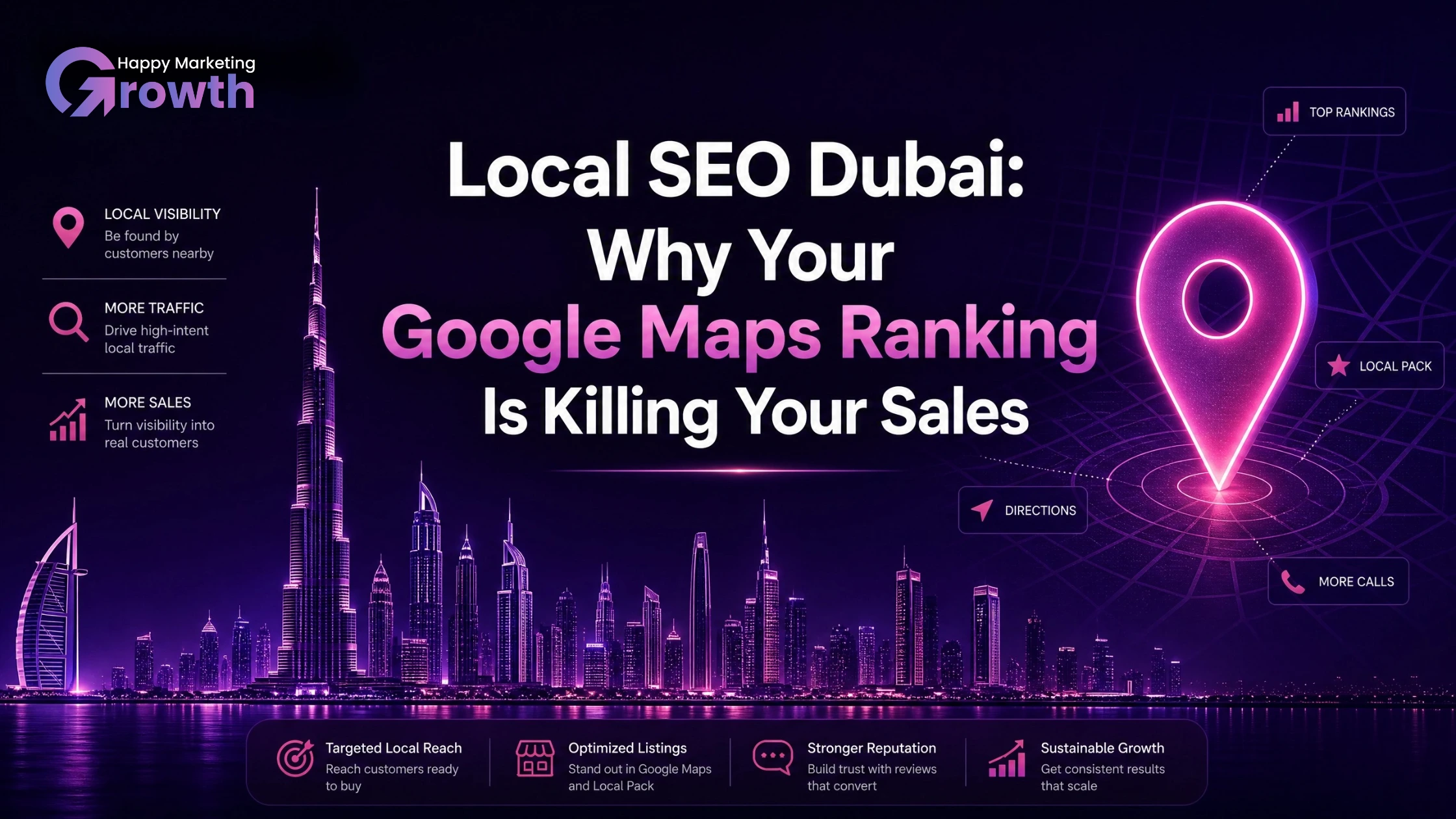 A professional marketing infographic featuring a vibrant purple neon silhouette of the Dubai skyline with the Burj Khalifa, dominated on the right by a massive glowing pink 3D location pin resting over a digital radar map grid.