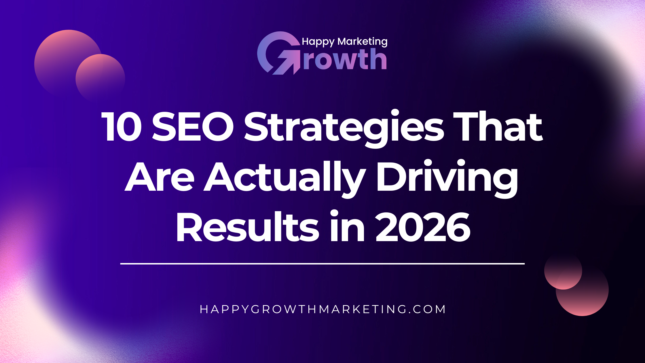 A professional digital marketing infographic from Happy Growth Marketing showcasing a neon purple dashboard where a large magnifying glass frames a towering 3D bar graph with an upward-pointing organic growth arrow.