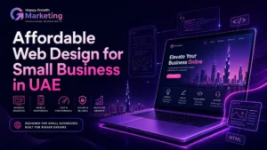 A professional digital marketing graphic from Happy Growth Marketing showcasing an open laptop with a purple neon trim, displaying a website concept with the Dubai skyline on its screen amidst floating UI and coding icons.
