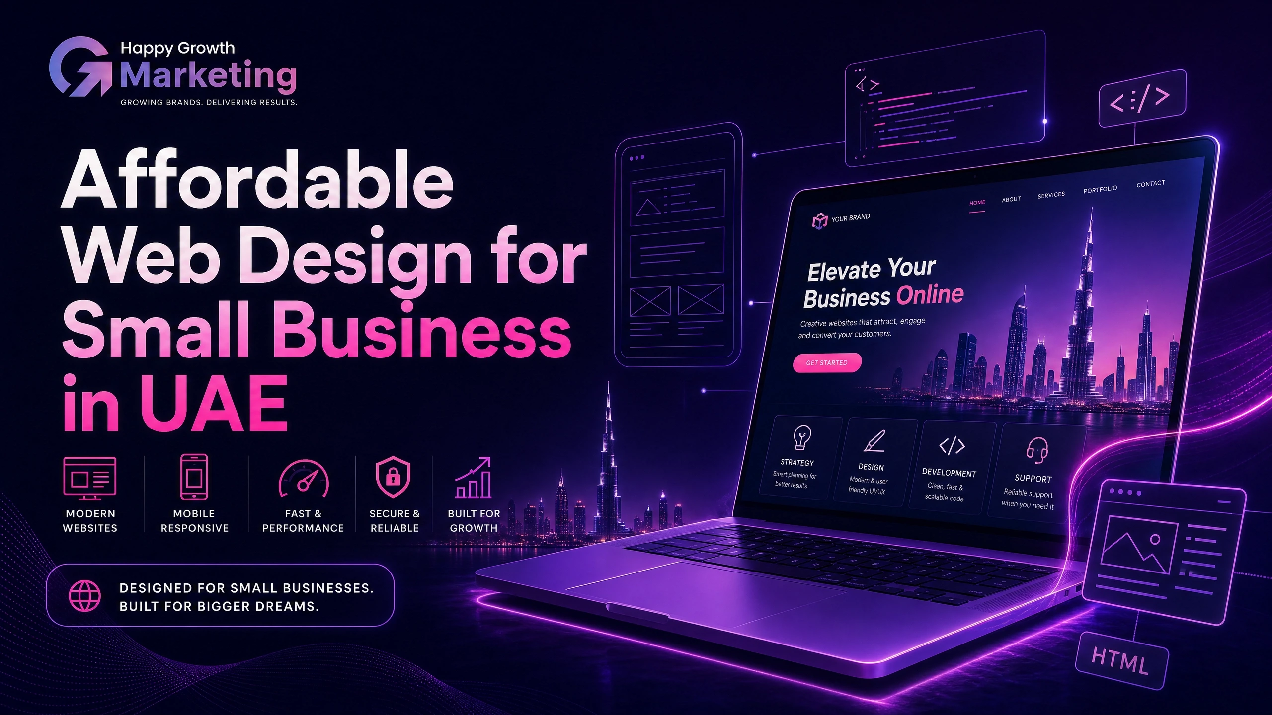 A professional digital marketing graphic from Happy Growth Marketing showcasing an open laptop with a purple neon trim, displaying a website concept with the Dubai skyline on its screen amidst floating UI and coding icons.