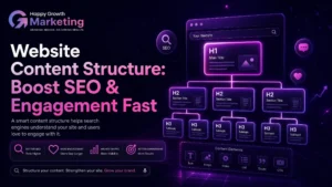 A professional digital marketing infographic from Happy Growth Marketing illustrating a neon purple content hierarchy diagram with H1, H2, and H3 tags mapped out within a website mockup interface.