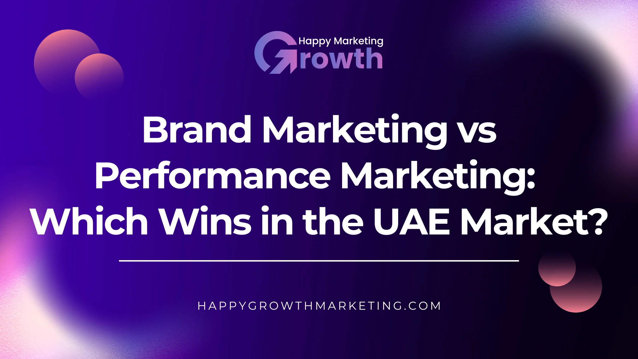 A modern digital marketing web banner with a dark purple and neon gradient background, featuring the Happy Marketing Growth logo and bold white text asking a question about brand marketing vs performance marketing in the UAE market.
