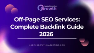 A vibrant, modern digital marketing web banner featuring a deep purple abstract background with soft pink gradients and glowing 3D spheres, displaying bold white text under the Happy Marketing Growth logo.
