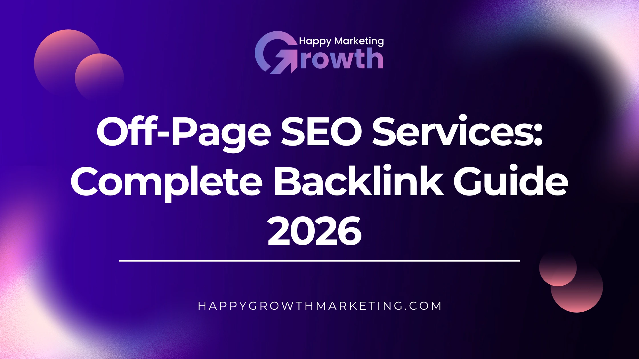 A vibrant, modern digital marketing web banner featuring a deep purple abstract background with soft pink gradients and glowing 3D spheres, displaying bold white text under the Happy Marketing Growth logo.