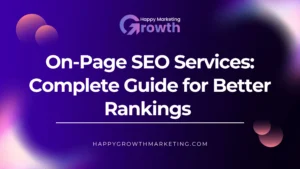A vibrant, modern digital marketing web banner featuring a deep purple abstract background with soft pink gradients and glowing 3D spheres, displaying bold white text under the Happy Marketing Growth logo.