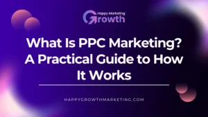 A vibrant, modern digital marketing web banner featuring a deep purple abstract background with soft pink gradients and glowing 3D spheres, displaying bold white text under the Happy Marketing Growth logo.